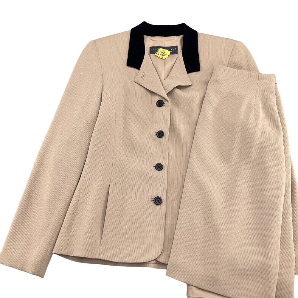 Alex Garfield 3pc Suit Women Jacket 6 Skirt 4 Top‎ 4 Tan Black Back Belt VTG